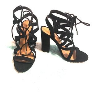 Black BAMBOO lace up chunky heels